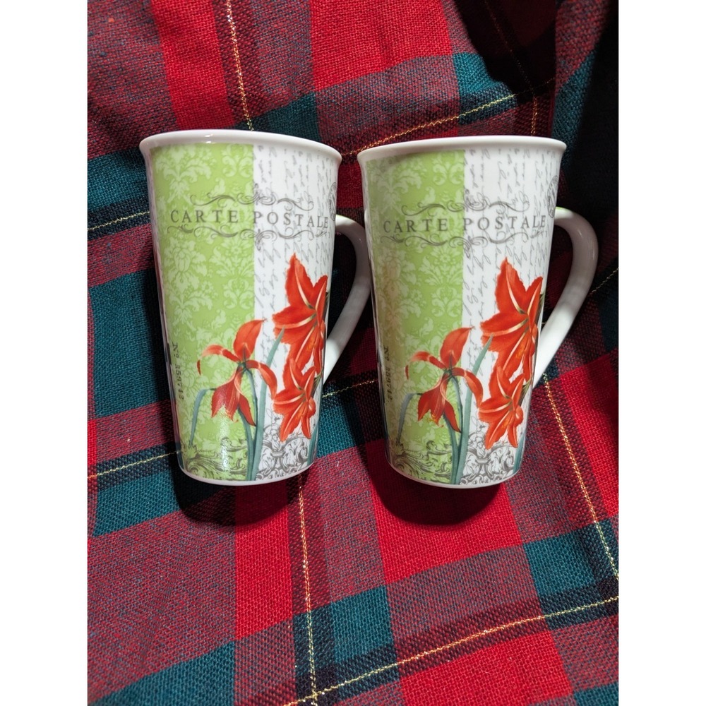 Carte Postale Porcelain 2 Coffee Latte Mugs Red Lilies French Postcard‎